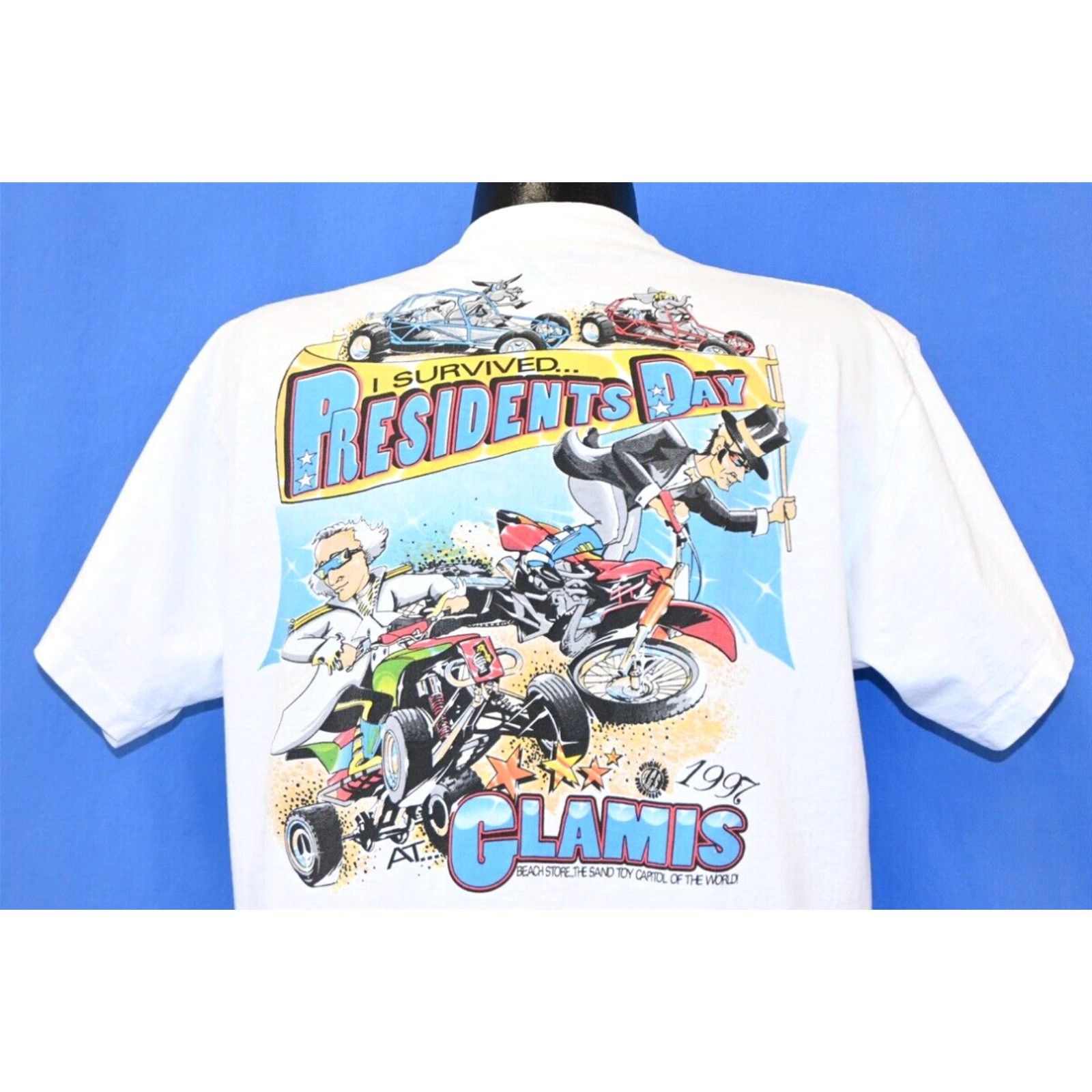 image of Vintage VTG 90's I Survived Presidents Day Glamis Beach Store 1997 California T-Shirt L in White (S