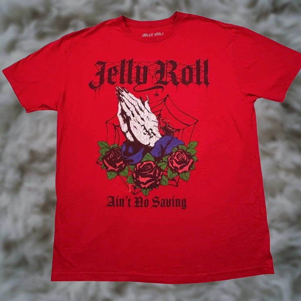 Vintage Jelly Roll Ain't No Saving Men's Graphic T-Shirt Red XL Short Sleeve Large Praying Hand Graphic on Front Size US XL / EU 56 / 4 - 1 Thumbnail