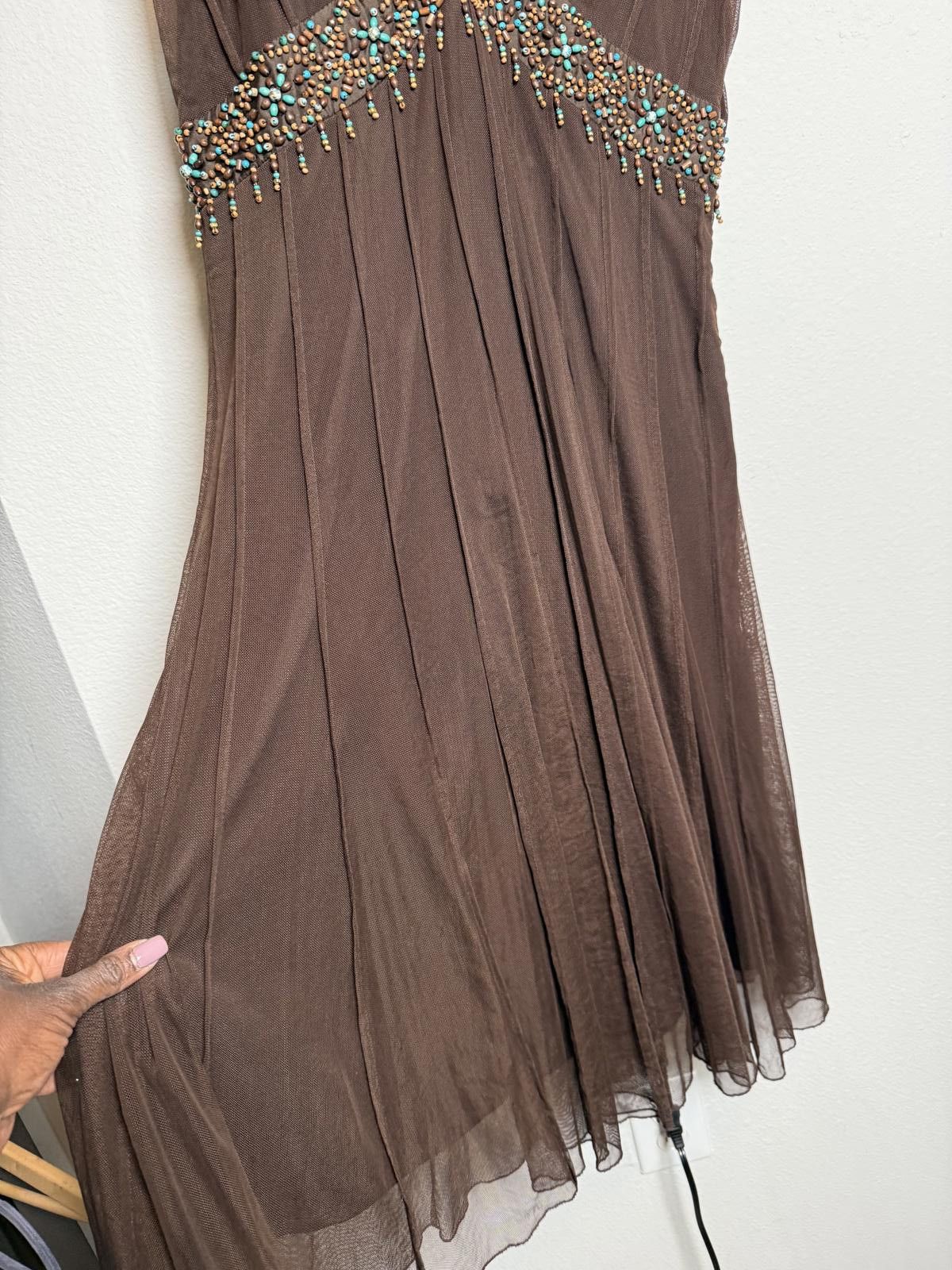 Y2K Vintage Brown Fairy Beaded Midi Dress with Sheer Overlay