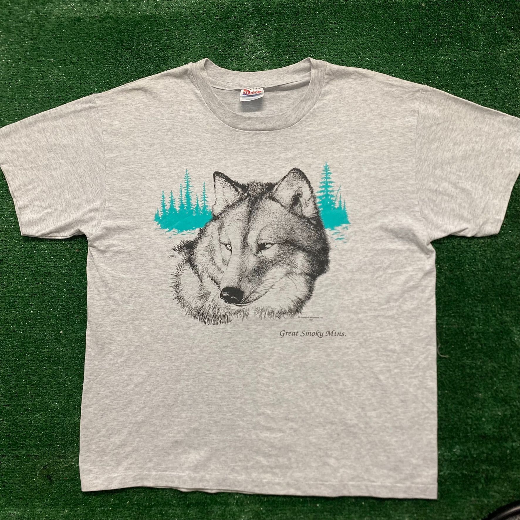 Hanes Vintage 90s Wolf Face T-Shirt Nature Art Single Stitch Tee Size US L / EU 52-54 / 3 - 1 Thumbnail