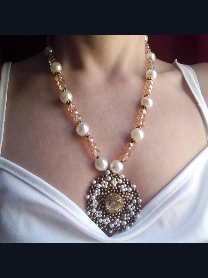 Handmade Necklace.Long Vintage style. Crystal Pearls beaded Pendant Size ONE SIZE - 4 Thumbnail