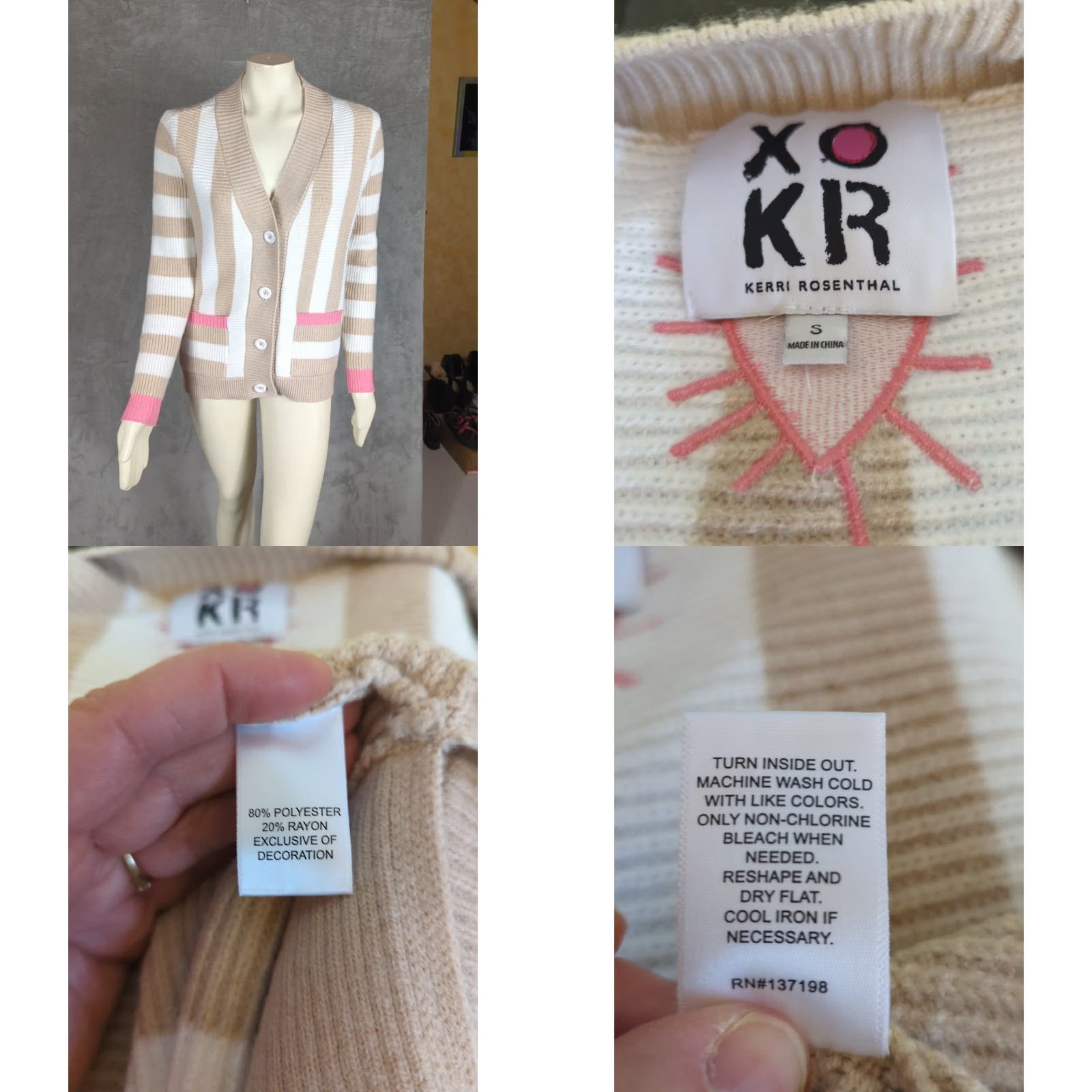 Vintage Kerri Rosenthal Knit Heart Patch Beige/Tan Striped Cardigan Small Size S / US 4 / IT 40 - 8 Thumbnail