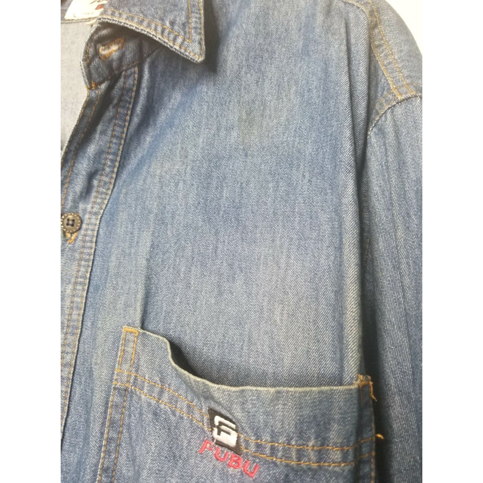 Fubu VINTAGE FUBU Button-Up Shirt Denim 90s Blue Red USA Mens L / Button Front / Long Sleeve / 100% Cotton / Spell Out / Solid / Country of Origin USA Size US L / EU 52-54 / 3 - 6 Thumbnail