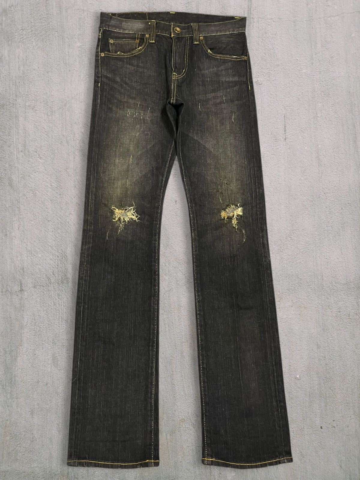 Jun Takahashi Uniqlo Stretchable Slim Straight Denim Mud Wash Ripped Jeans Size 29" - 1 Thumbnail