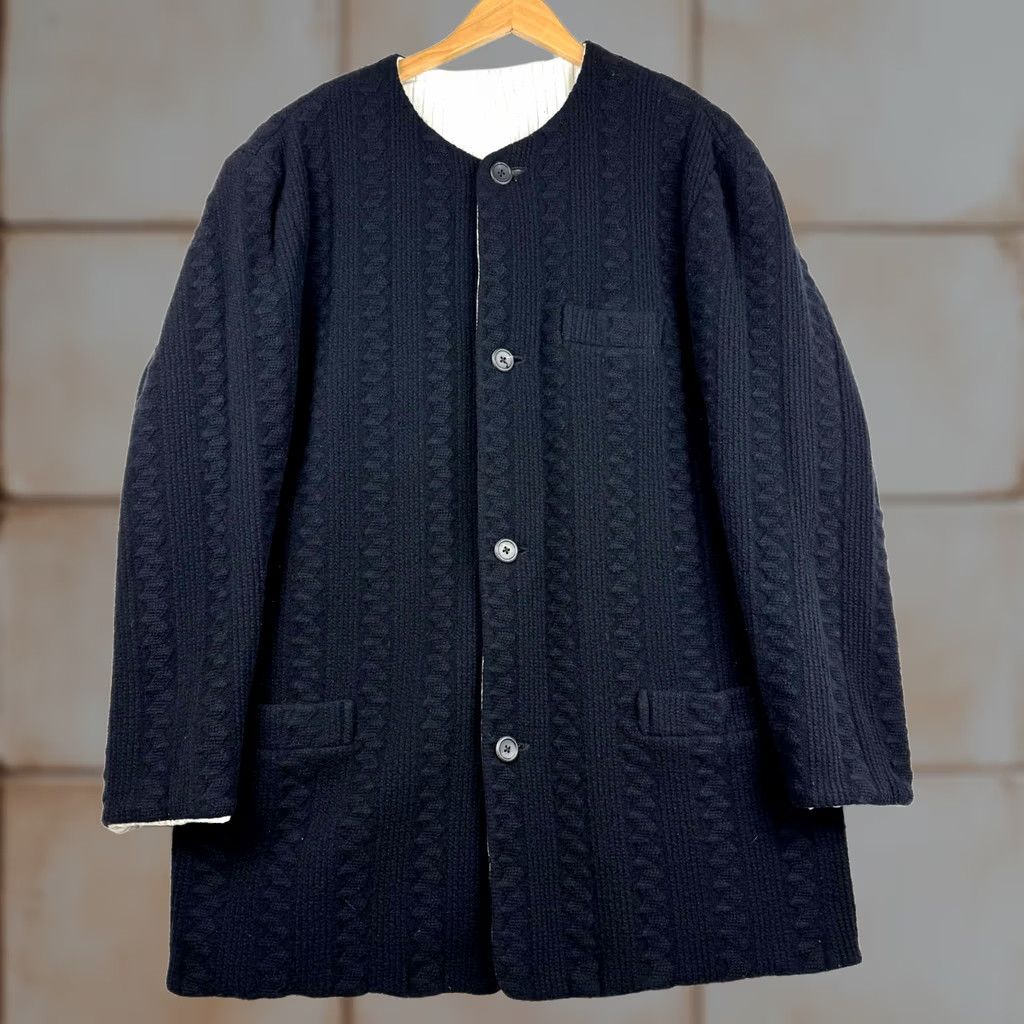 Yohji Yamamoto Yohji Yamamoto Pour Homme Coat Wool Cable Knit Collarless Long Overcoat Black M Regular Men Series Japan Size US M / EU 48-50 / 2 - 1 Thumbnail
