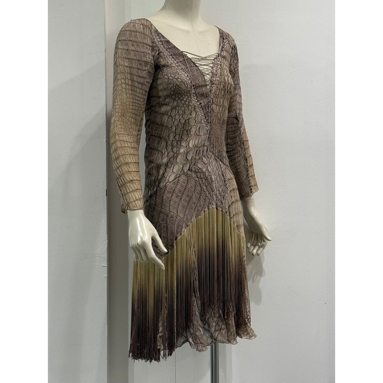 Roberto Cavalli S/S2011 Roberto Cavalli silk crocodile print fringe dress Size S / US 4 / IT 40 - 3 Thumbnail