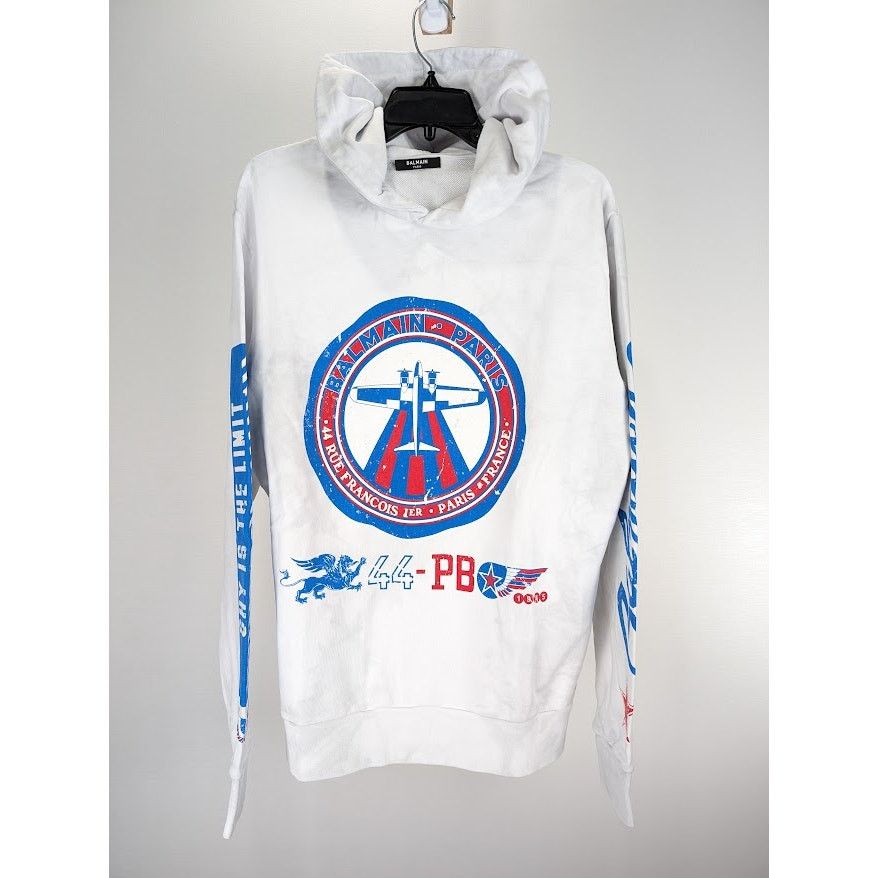 Balmain o1rshd1 Pullover Hoodie with airplane Print in White Size US M / EU 48-50 / 2 - 1 Thumbnail