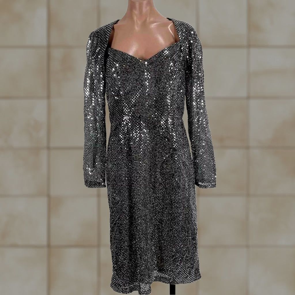 Vintage VTG 80s Handmade Silver Sequin Lamé Illusion Sleeve PROM Evening NYE Dress M/L Dress Size M / US 6-8 / IT 42-44 - 1 Thumbnail