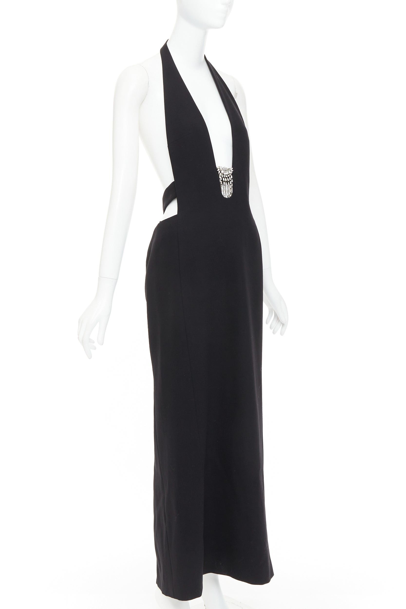 Saint Laurent Paris SAINT LAURENT 2022 Runway black plunge neck crystal brooch low back wool dress FR40 L Size M / US 6-8 / IT 42-44 - 1 Thumbnail