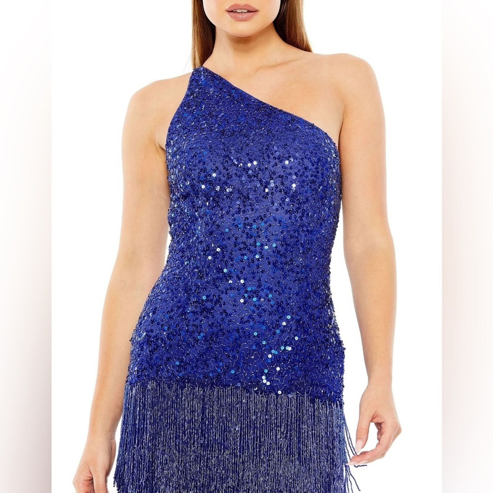 Nordstrom NEW MAC DUGGAL Blue Sequin Fringe Shoulder $698 Mini Dress Size XS / US 0-2 / IT 36-38 - 4 Thumbnail