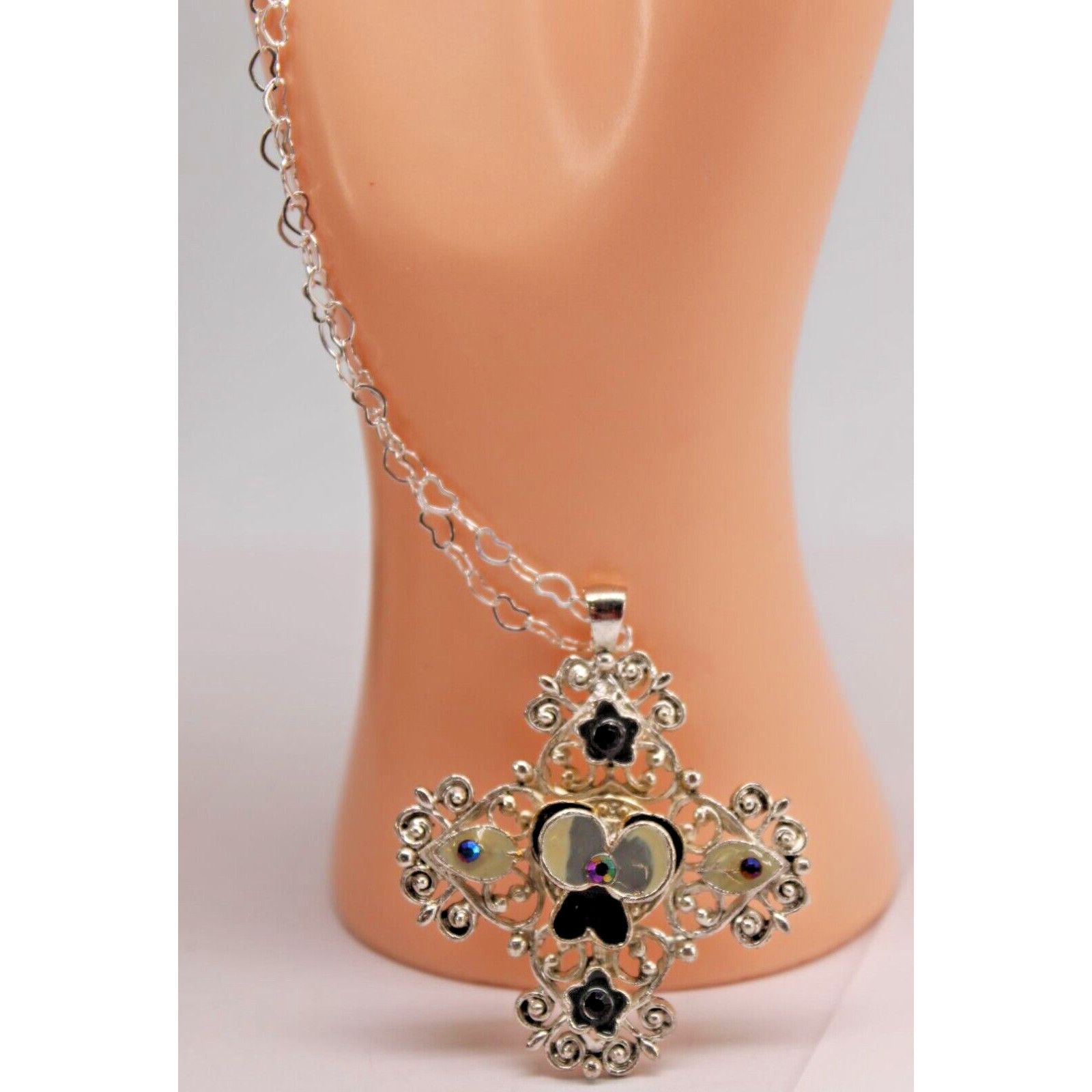 Other Silvertone Enamel Pansy AB Rhinestone Cross Necklace 24" Size ONE SIZE - 4 Thumbnail