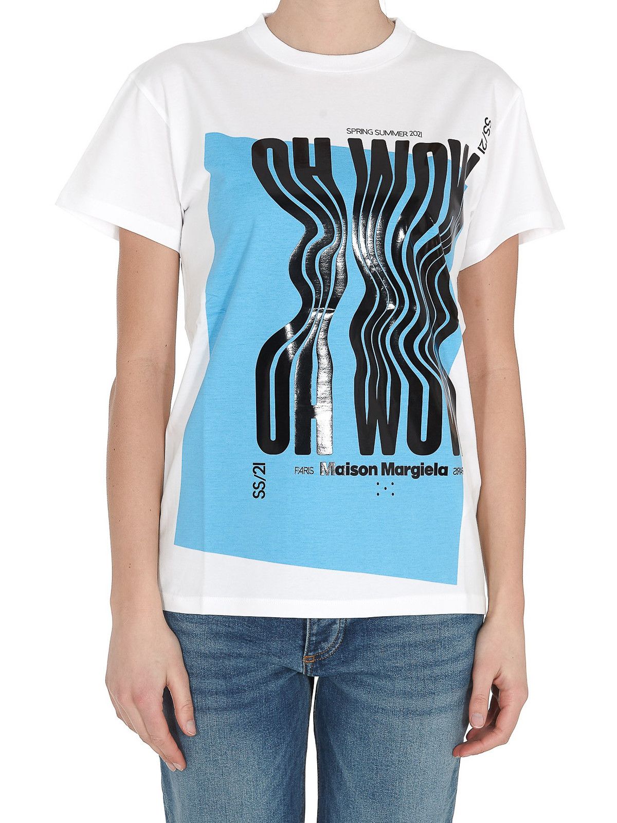 Maison Margiela o1y0625 Logo Crewneck T-Shirt in White/Blue Size S / US 4 / IT 40 - 3 Thumbnail