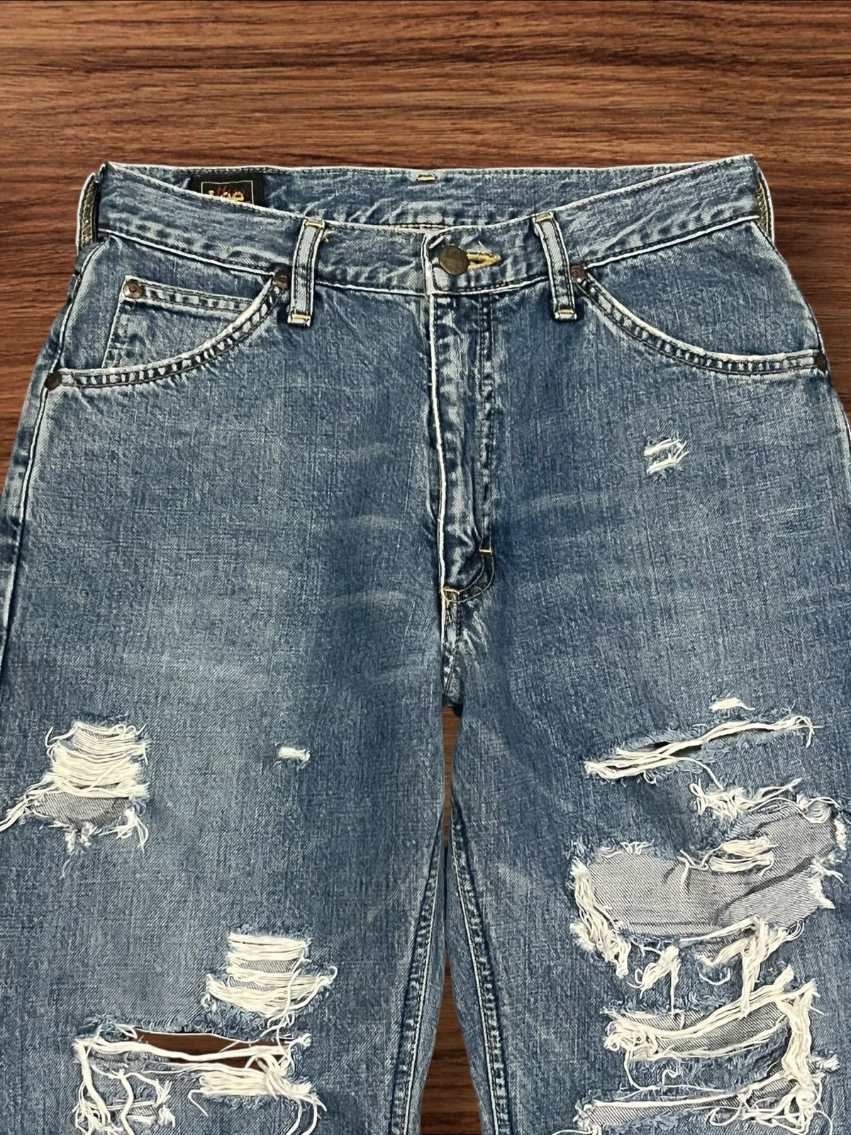 Lee × Vintage Vintage Miss Lee Trashed Punk Style Blue Washed Flare Jeans Size 31" - 4 Thumbnail