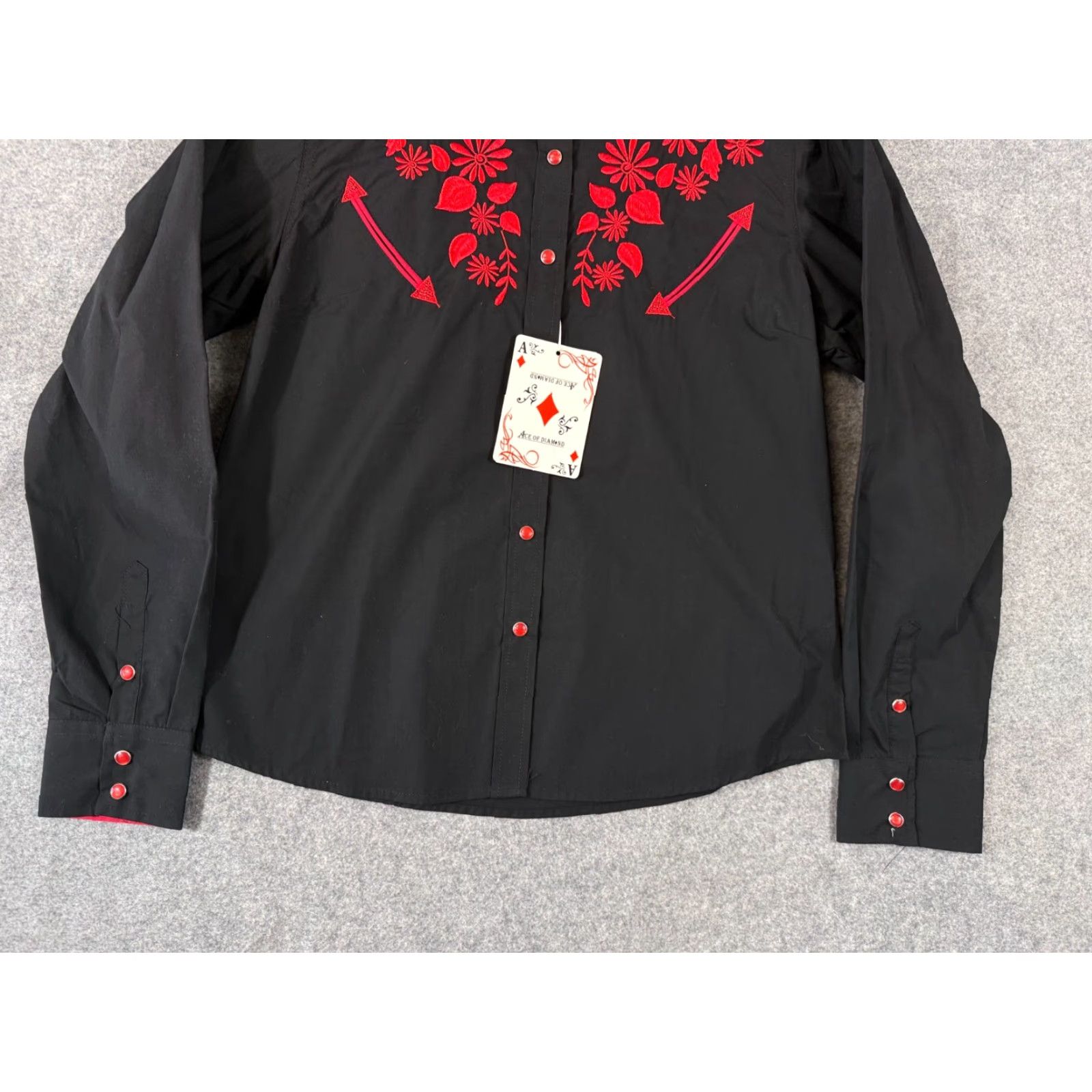 Vintage Ace of Diamond Western Shirt Womens L Black Floral Embroidered Pearl Snap NWT Size L / US 10 / IT 46 - 4 Thumbnail