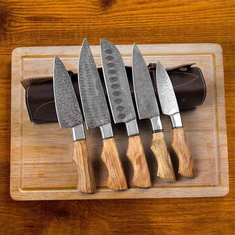 Other Kitchen Knife Set of 5 with Olive-Wood & Brass Handles Size ONE SIZE - 2 Thumbnail