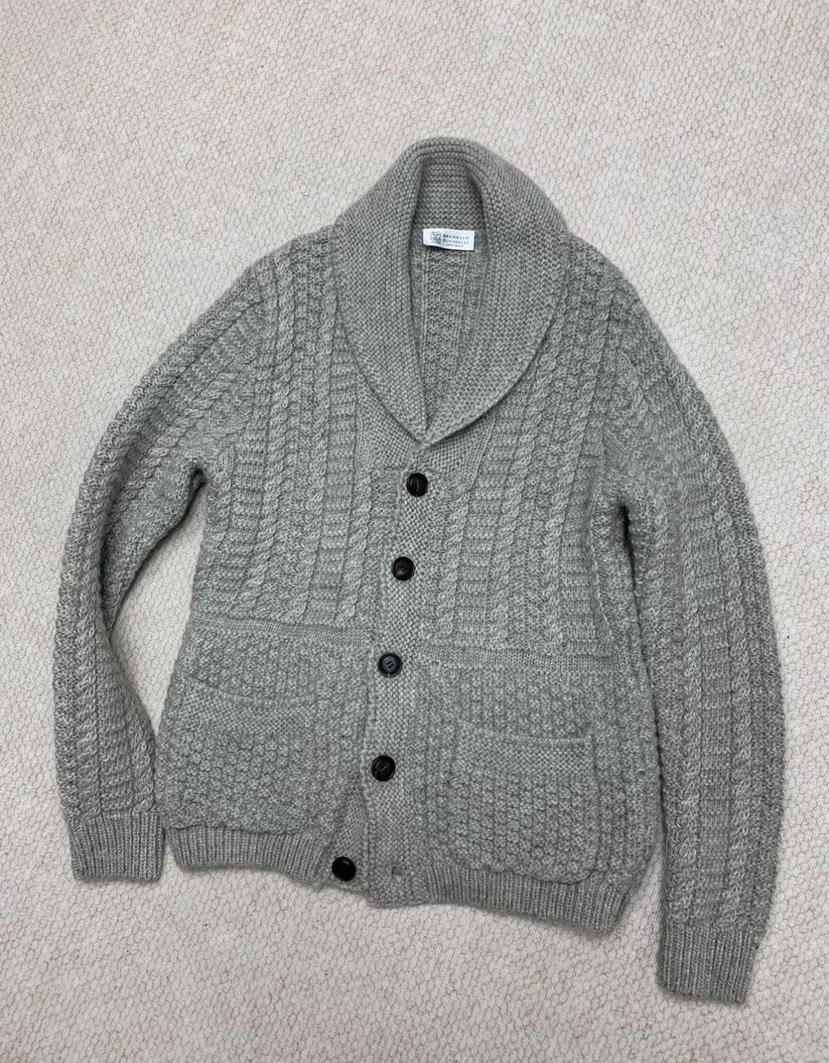 Brunello Cucinelli BRUNELLO CUCINELLI Grey Shawl Collar Cable Knit Heavyweight Size US M / EU 48-50 / 2 - 6 Thumbnail