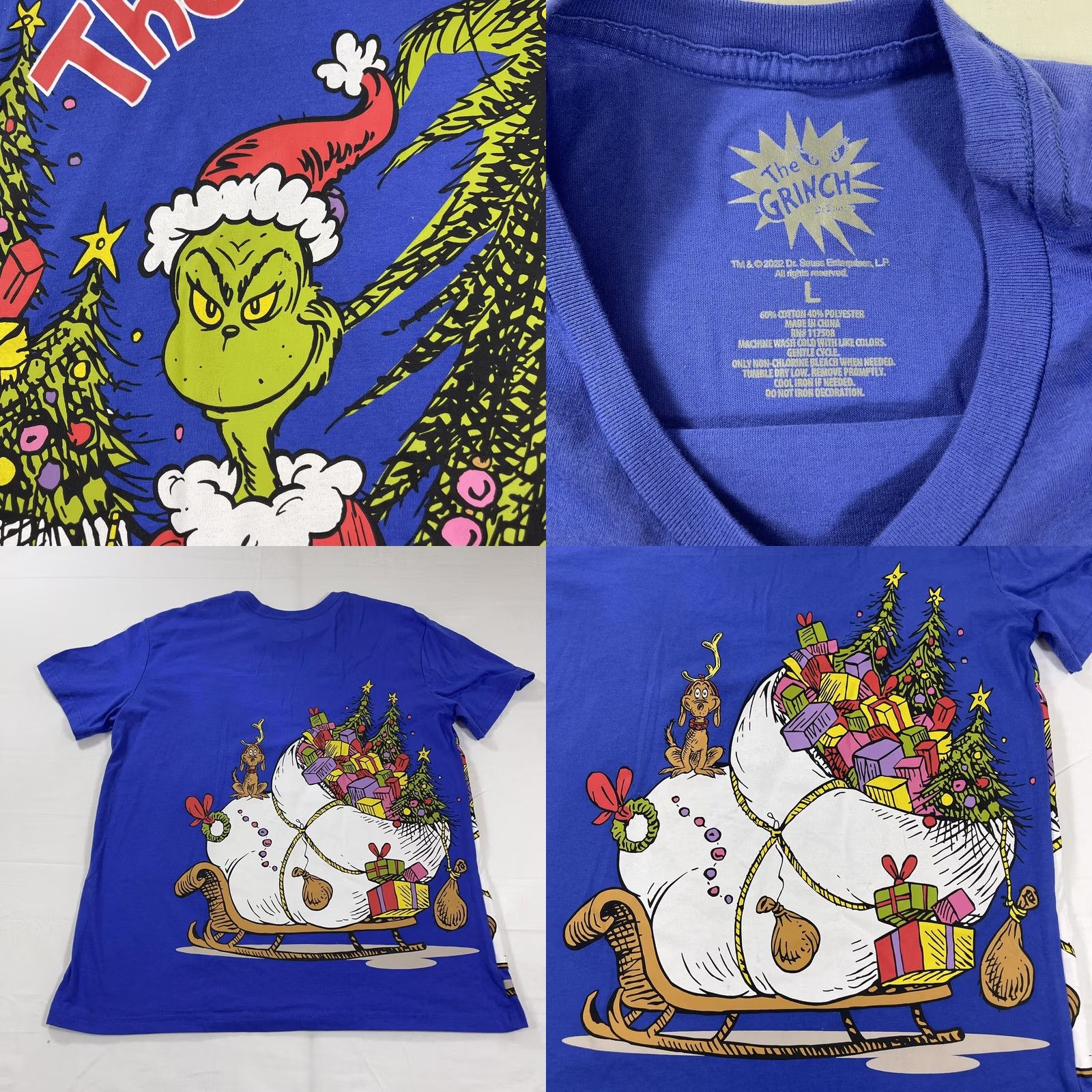 Vintage Dr Seuss THE GRINCH T-Shirt L Unisex Adults Blue Short Sleeve Christmas 2022 MAX & THE GRINCH Graphic Double-Sided Size US L / EU 52-54 / 3 - 8 Thumbnail