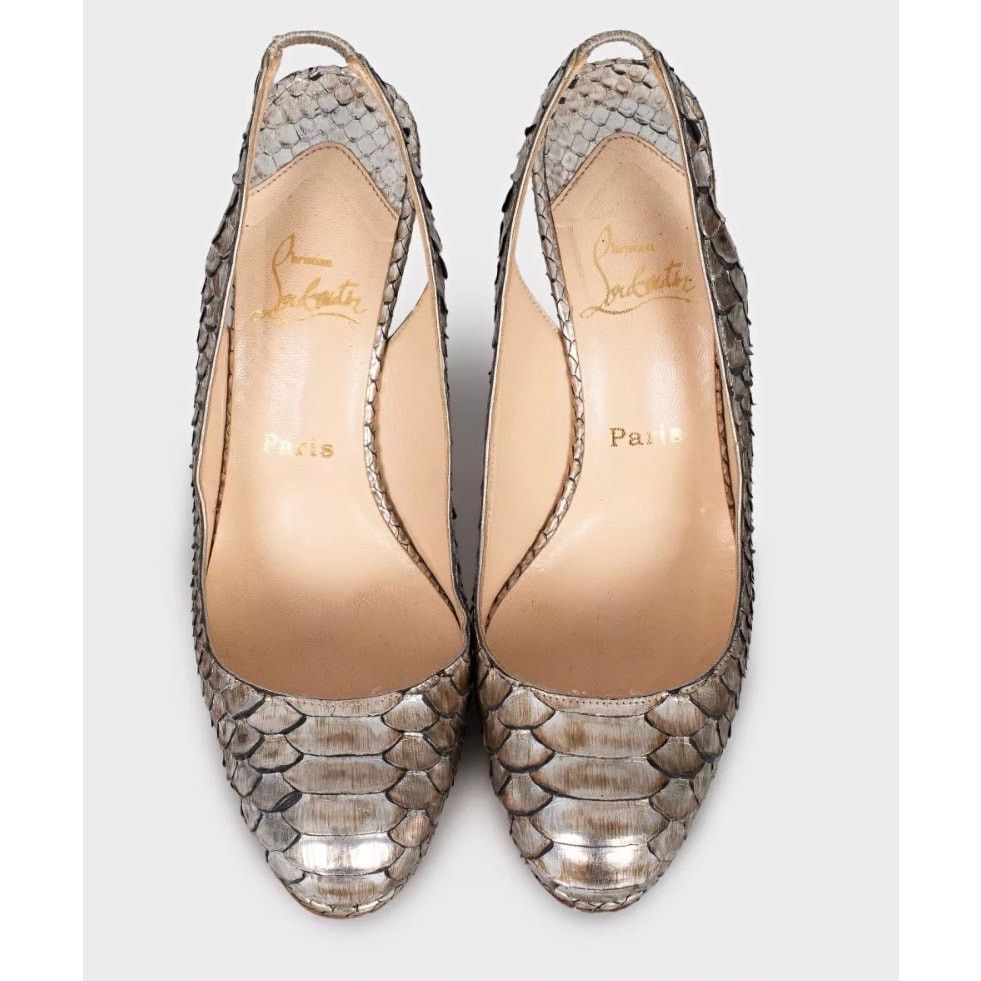 Christian Louboutin Christian Louboutin Silver Snakeskin Slingback Heels 37 Size US 7 / IT 37 - 2 Thumbnail