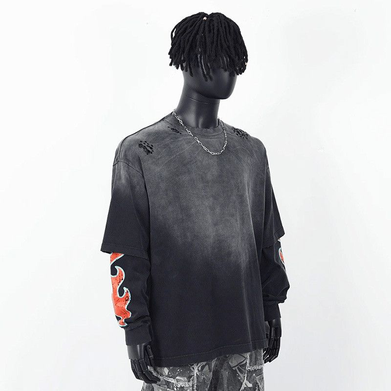 Vintage Fire Flame Print Graphic Bleached Long Sleeve T Shirt Size US M / EU 48-50 / 2 - 1 Thumbnail
