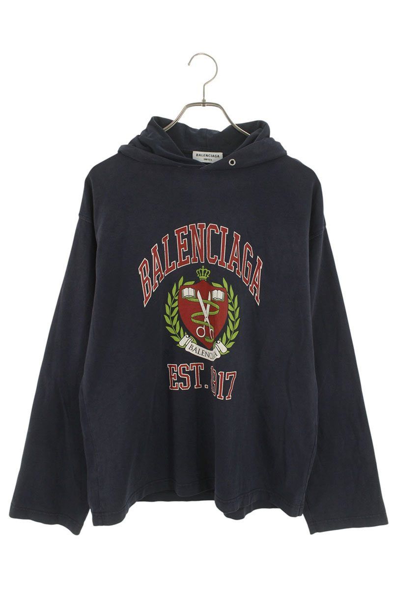 BALENCIAGA Print Distressed College Pullover Hoodie Blue Size S