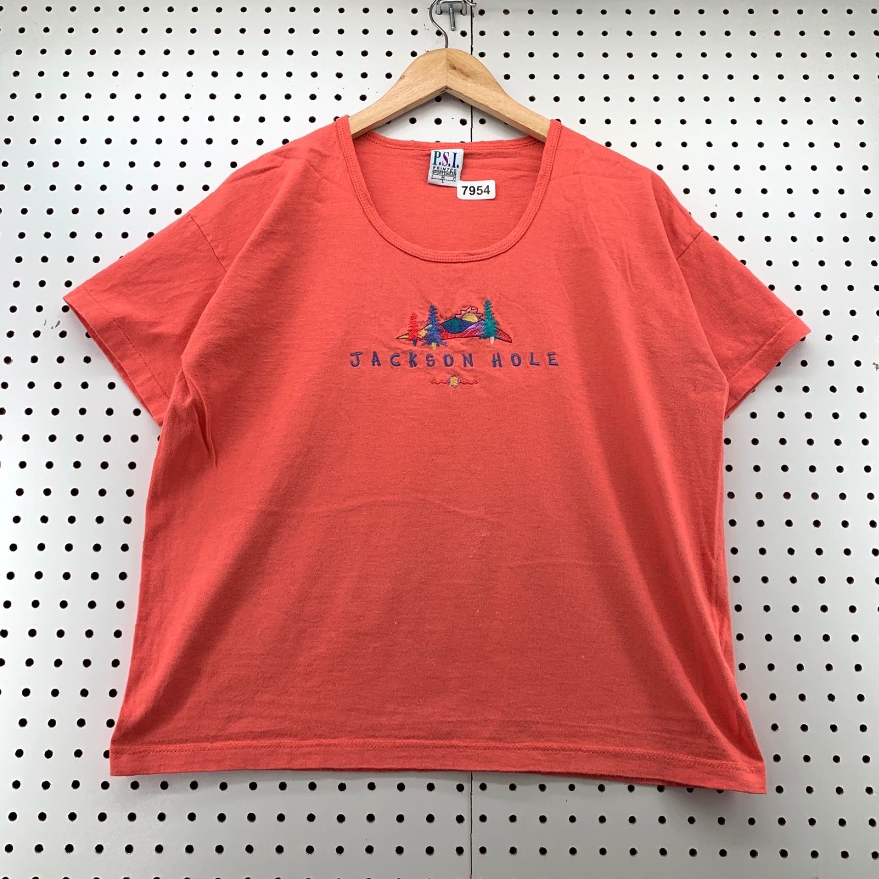Pinko VINTAGE Jackson Hole Shirt Womens L Coral Pink Embroidered 90s 21x23.5 Printed Sportswear T-Shirt Size L / US 10 / IT 46 - 4 Thumbnail