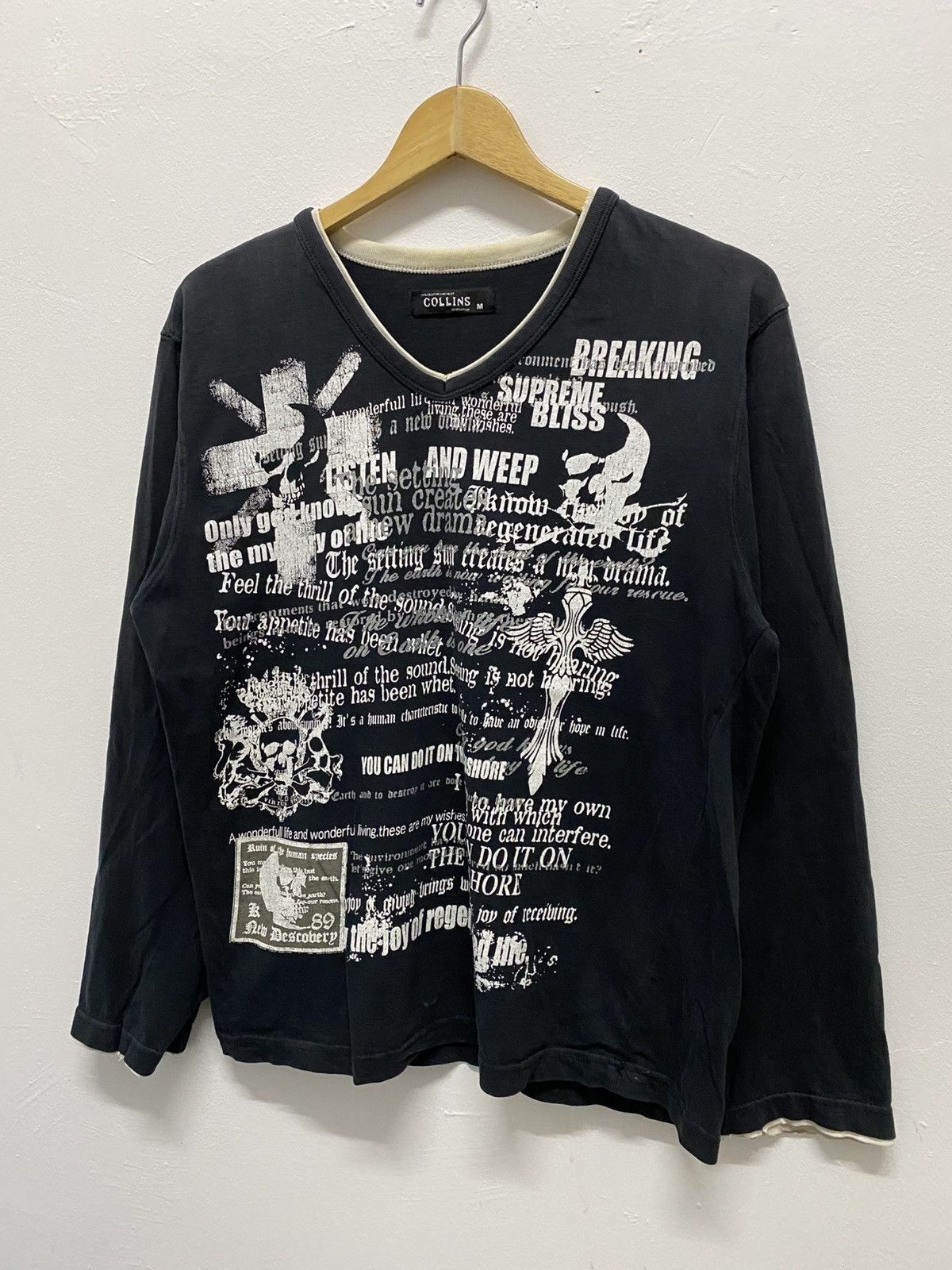Distressed Japanese Design Skull Cross Poem Punk Style Tee