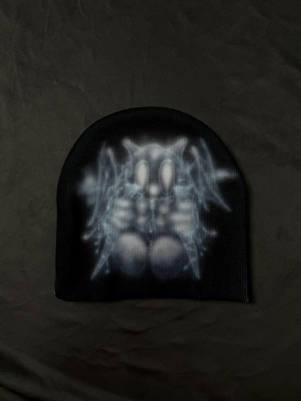 Y2K Airbrushed Winged Skull No Cuff Knit Beanie Hat Blue Os in Black, Men’s
