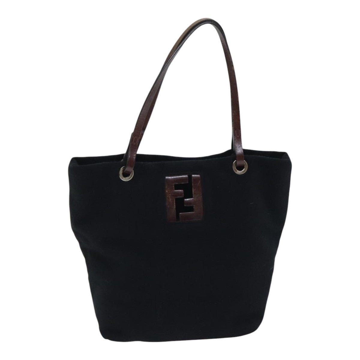 FENDI Hand Bag Wool Leather Black Brown Silver