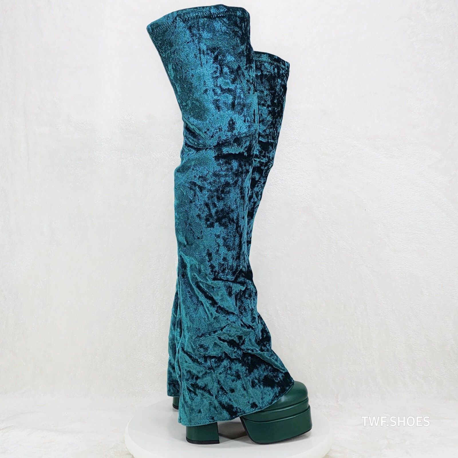Other Unique Thigh High Green Velvet Fold over Skirted Chunky Heel Size US 9 / IT 39 - 4 Thumbnail