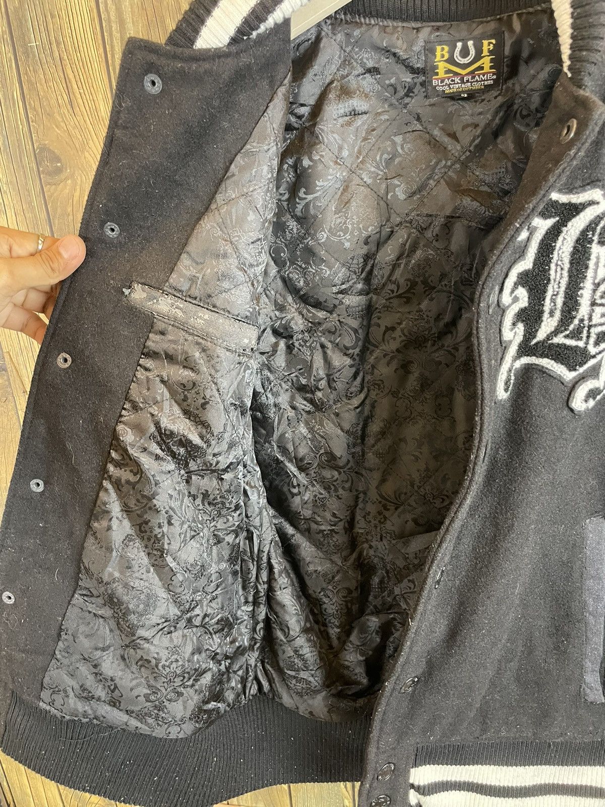 Vintage Black flame embroidery cross Varsity Jacket Size US S / EU 44-46 / 1 - 3 Thumbnail