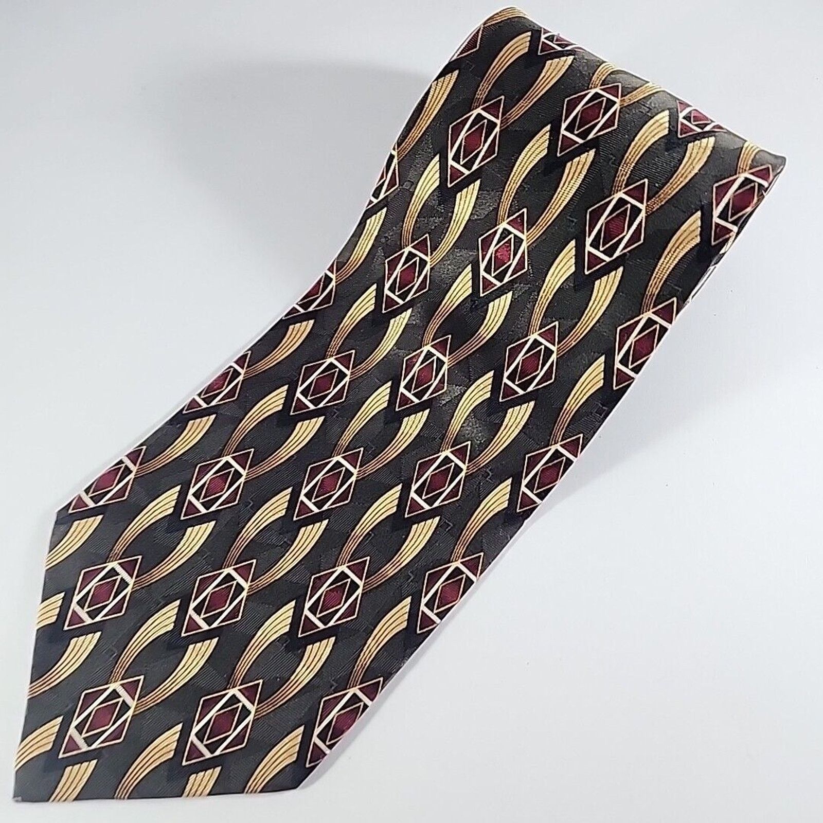 Vintage Facets Silk Necktie, Gray-Maroon-Gold Geometric - Like New Size ONE SIZE - 4 Thumbnail