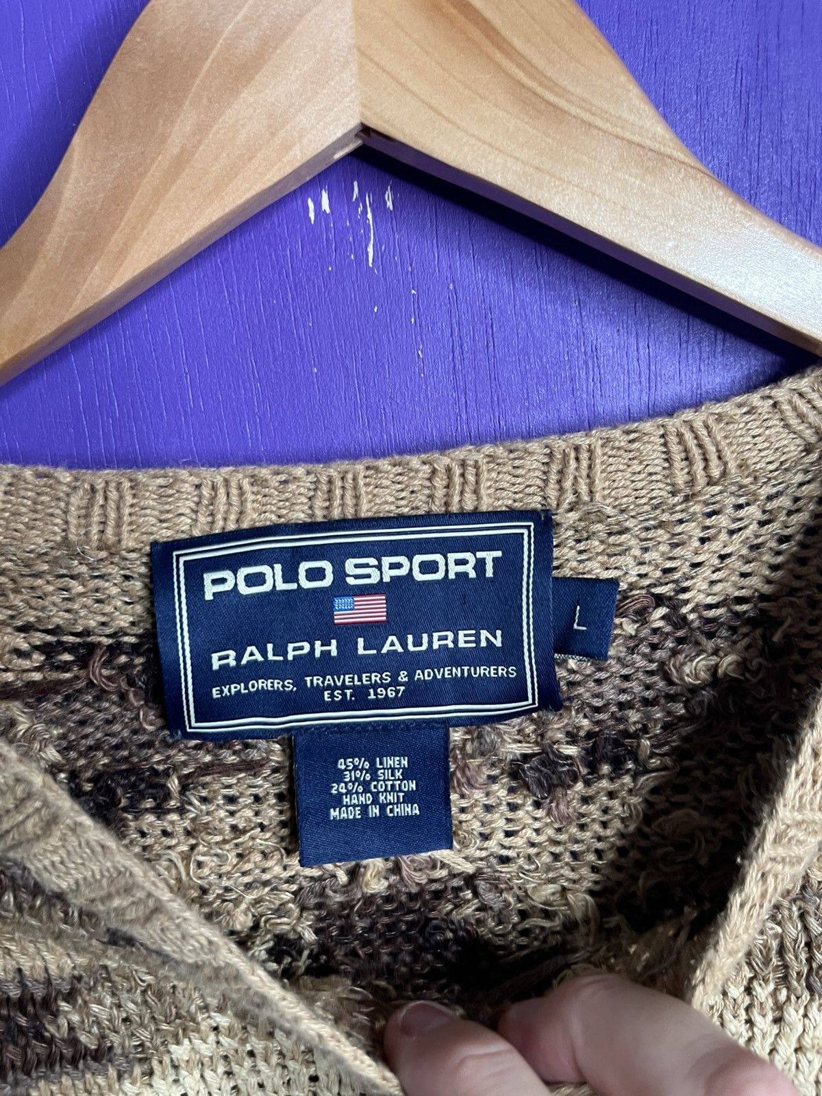 Polo Ralph Lauren × Vintage Vintage 90s Polo sport earth tones hand knit sweater Size US L / EU 52-54 / 3 - 4 Thumbnail