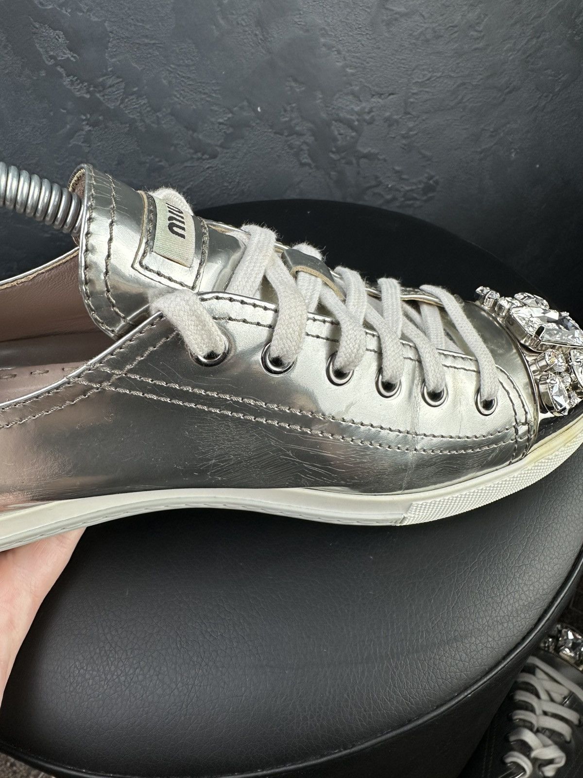 Miu Miu Miu Miu Silver Patent Leather Crystal Low-Top Sneakers Size US 10 / IT 40 - 10 Thumbnail