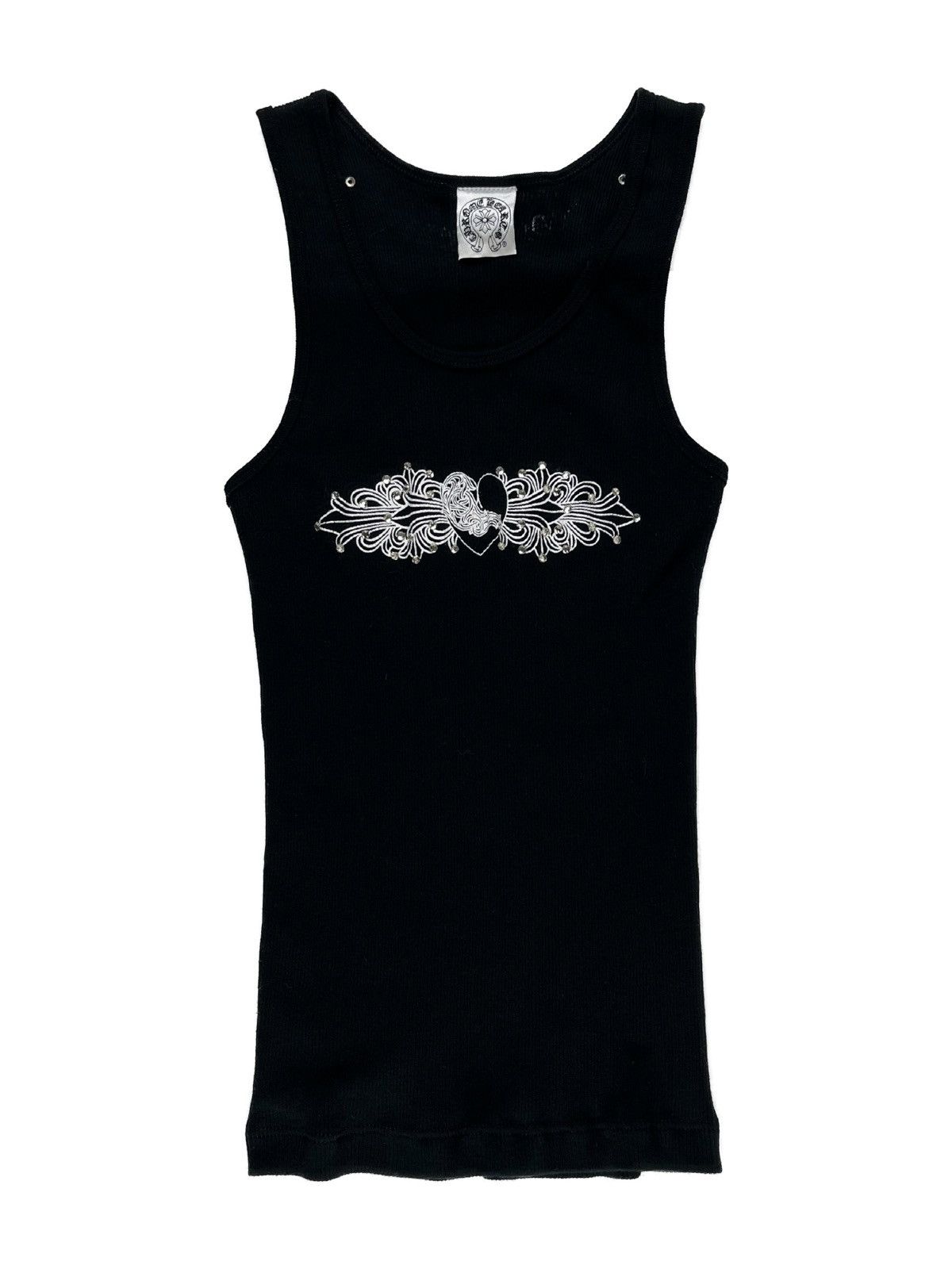 image of Chrome Hearts Vintage Swarovski Floral Heart Logo Tank Top in Black, Women's (Size Medium)