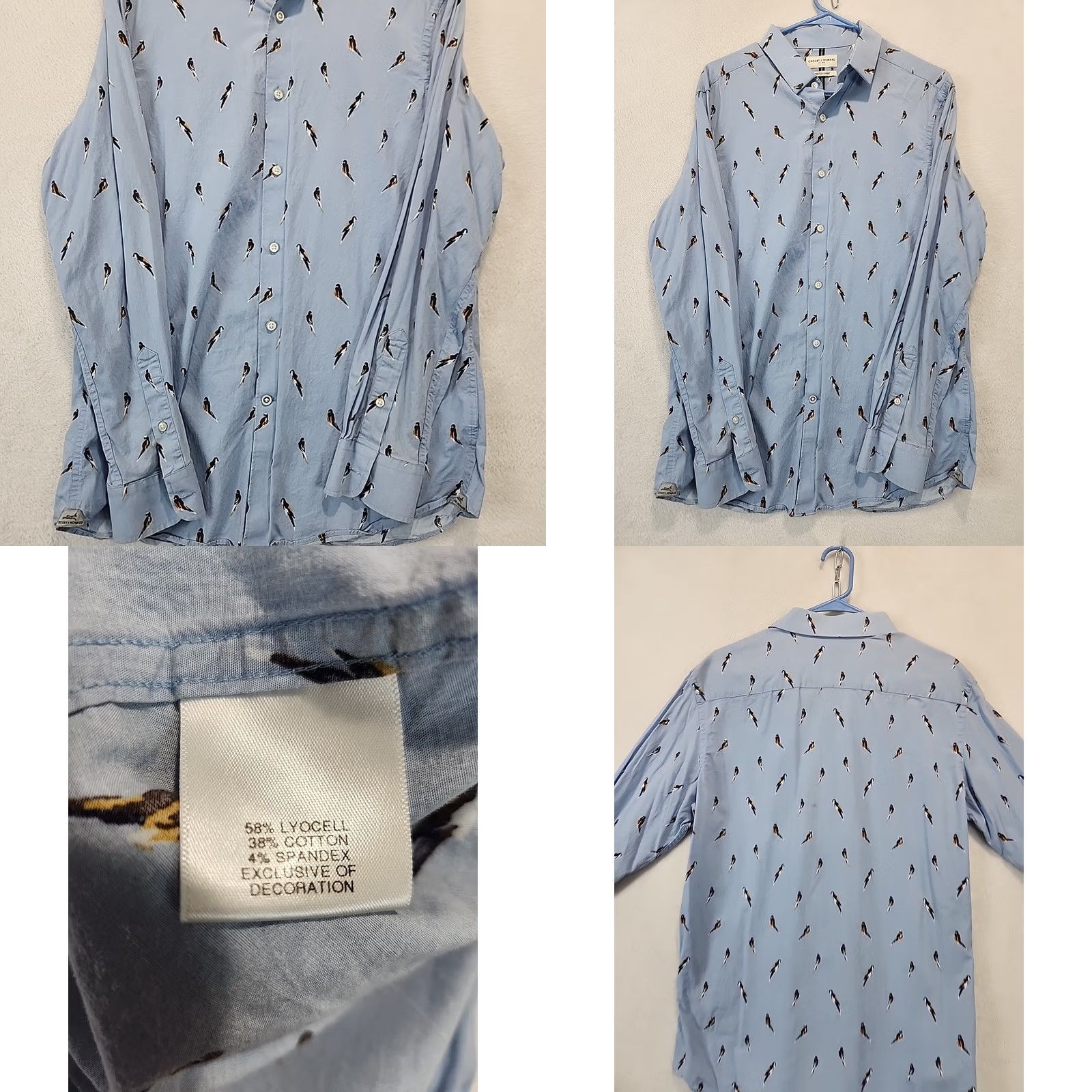 Vintage Crosby & Howard Stretch Light Blue Mens L Button-Down Shirt Bird Parrot Dress LS Slim Cotton Woven Casual Wear Size 42R - 9 Thumbnail