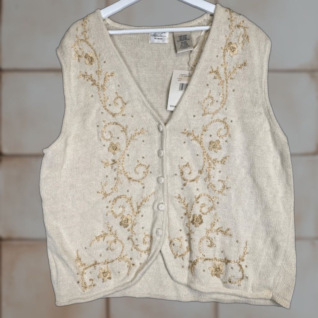 Lee VINTAGE Kathie Lee Women Plus 22/24W Embroidered Knit Cardigan Vest Sleeveless Tan Knit Sweater Ladies / Girls? Size 3XL / US 20-22 - 1 Thumbnail