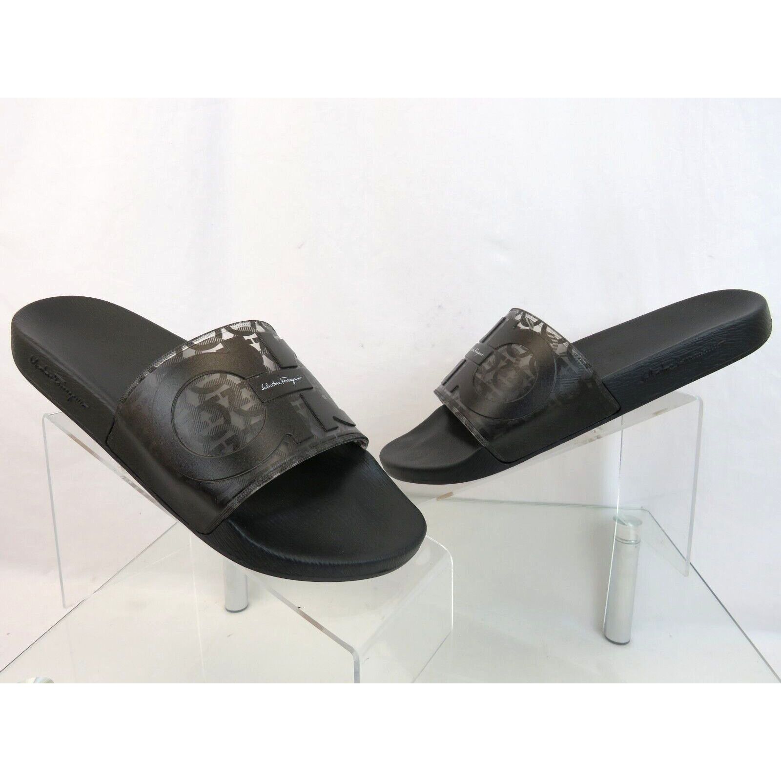 image of Salvatore Ferragamo Groove 5 Transp Black Rubber Gancini Logo Sandals Slides 12, Men's