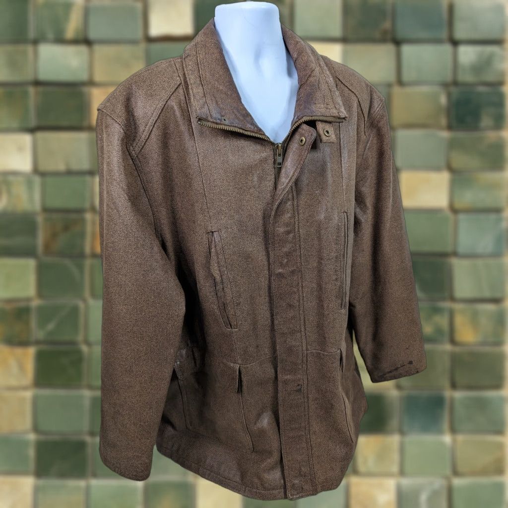 Vintage VINTAGE Bomber Jacket Leather 3XL Men Brown 90s Y2K Thick Heavy Moto Biker Jacket Size US XXL / EU 58 / 5 - 1 Thumbnail