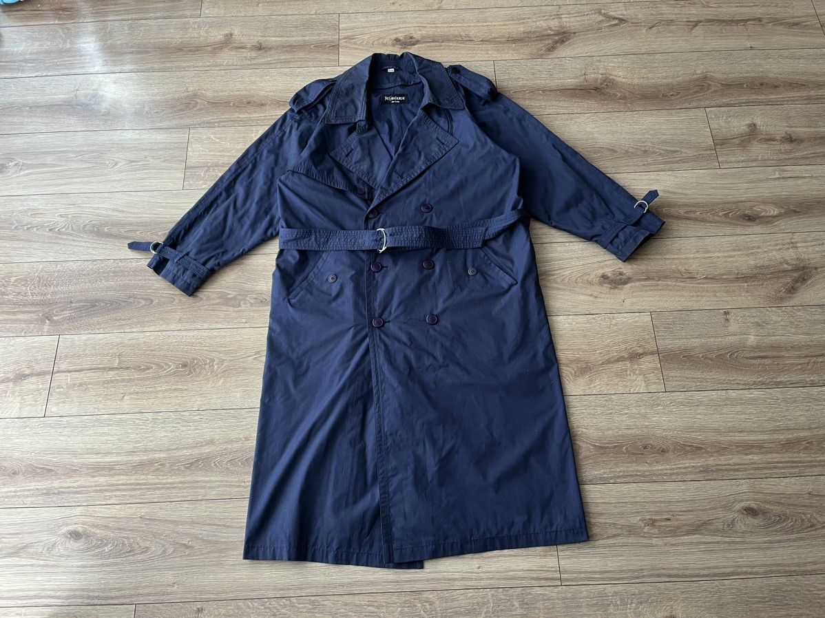 image of Archival Clothing x Vintage YVES Saint Laurent Vintage Long Belted Trench Coat in Blue (Size Large)