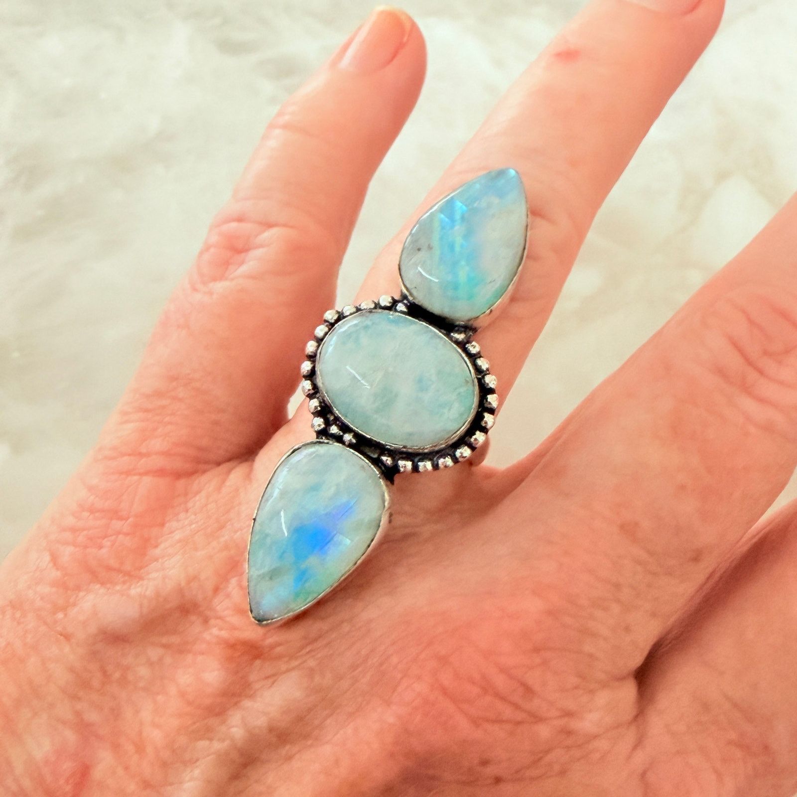 Other Rainbow Moonstone 3 Stone Statement Ring 925 Silver Overlay Size ONE SIZE - 2 Thumbnail