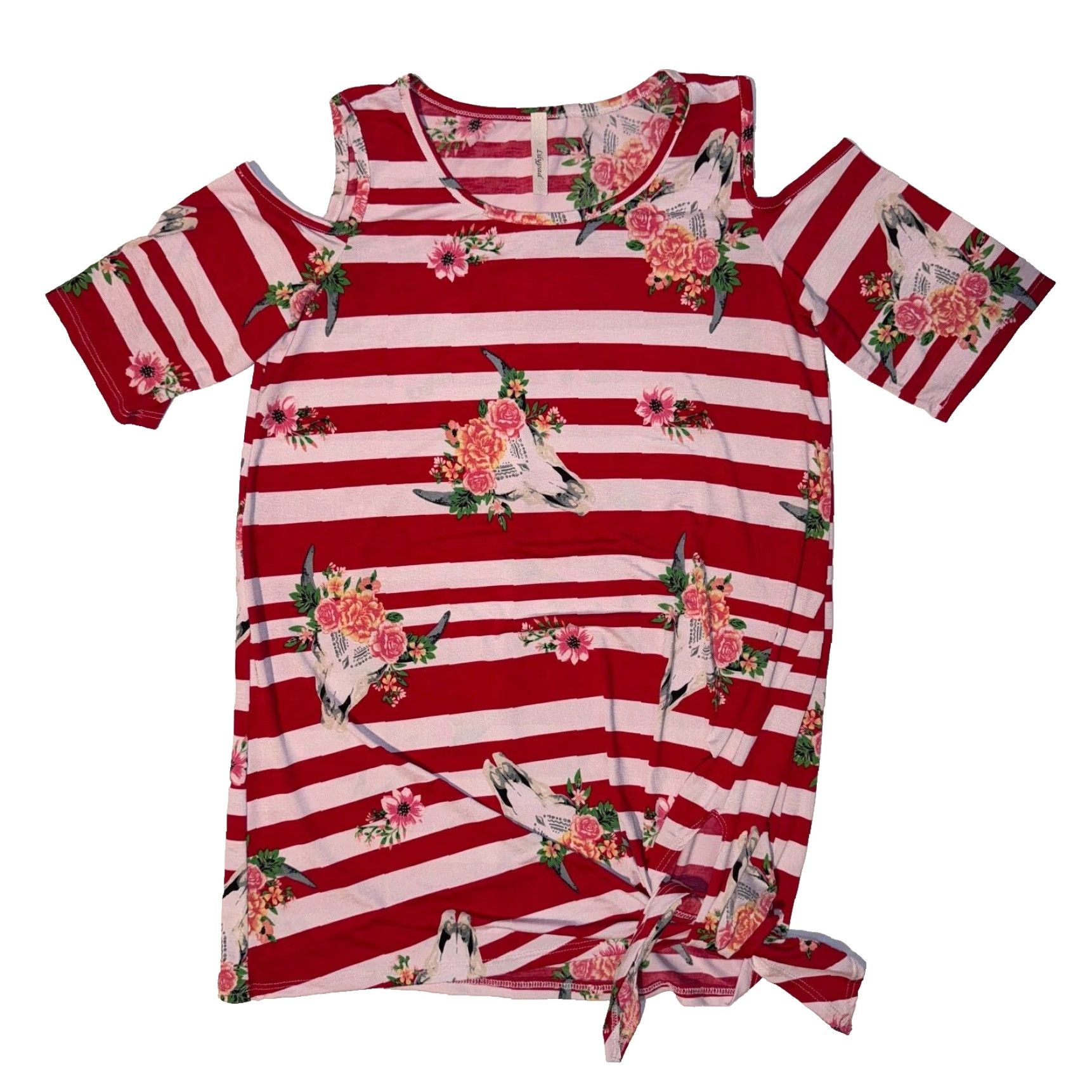 Vintage Lilypad Blouse Shirt Women M Red Striped Crew Neck Short Sleeve Tunic All Seasons Casual Animals Flower Crown Cow Skull Lilypad Size M / US 6-8 / IT 42-44 - 2 Thumbnail