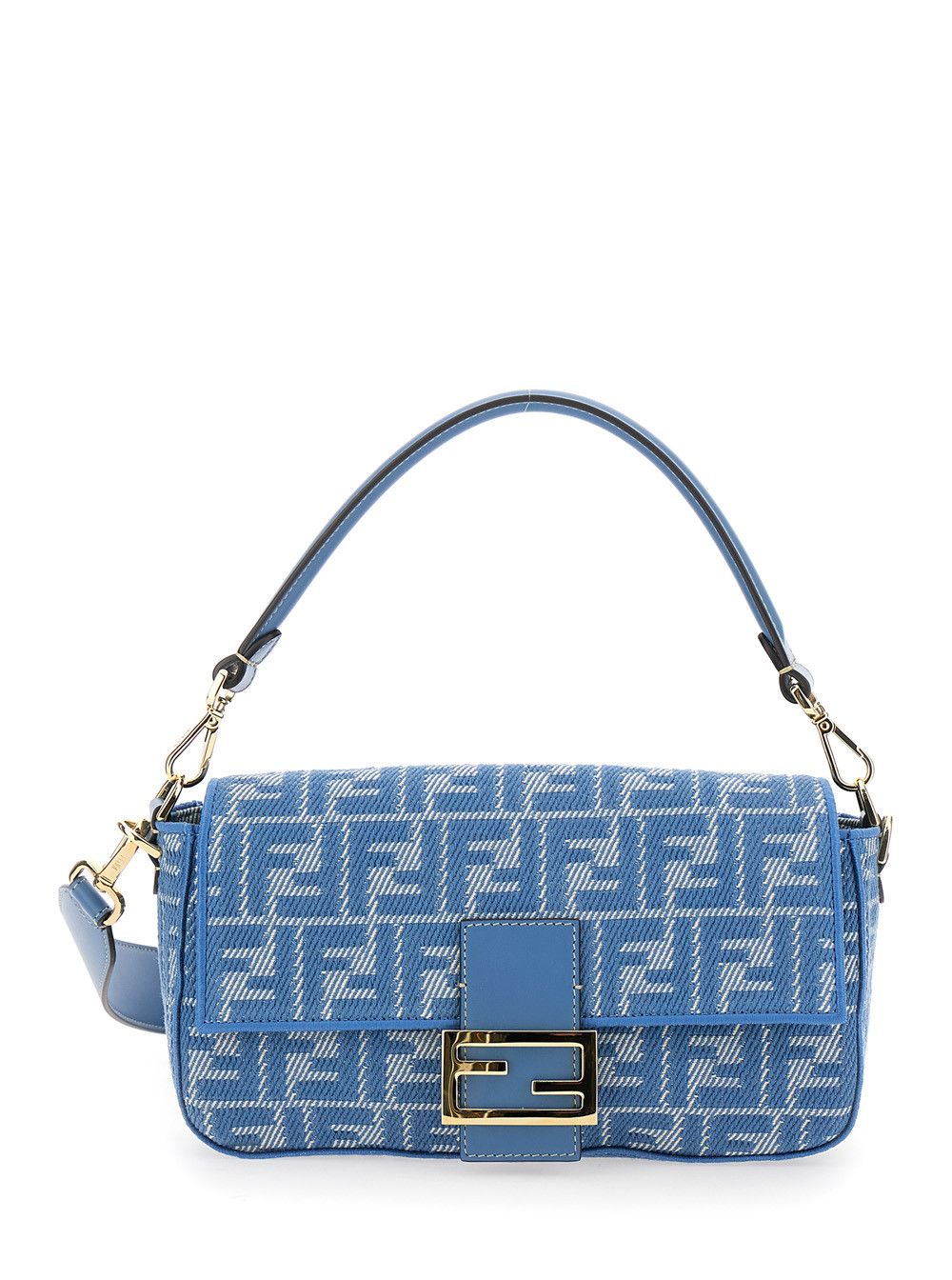 Fendi 'baguette Medium' Blue Shoulder Bag With All-Over Ff Motif And Ff Logo Plaque On The Front In Cotton Woman, Women's
