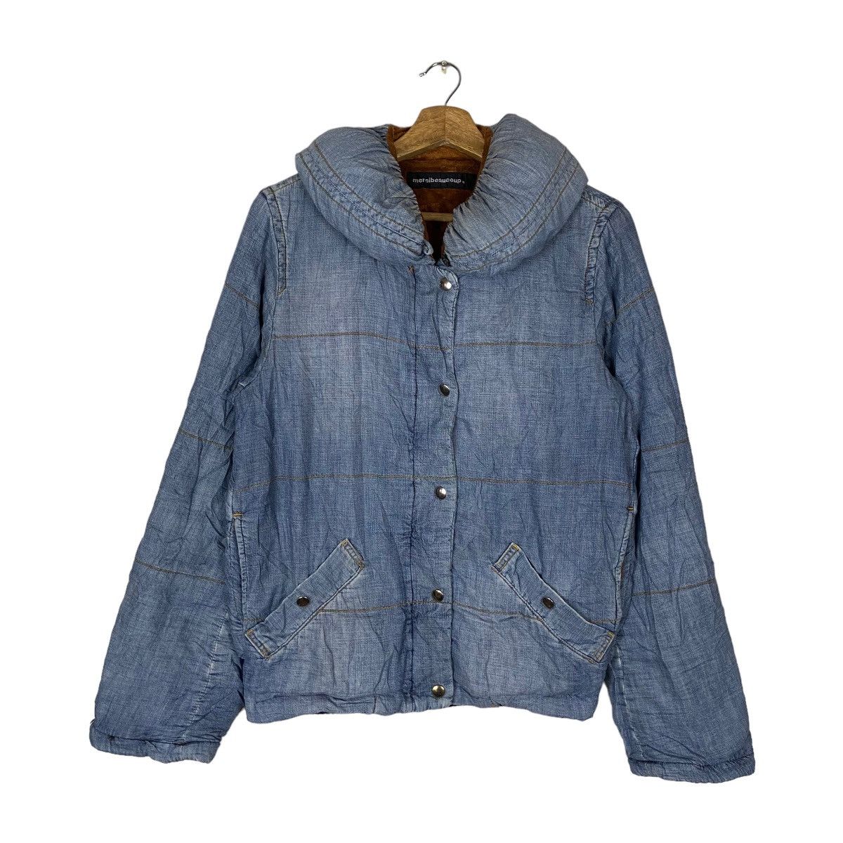 image of Vintage Mercibeaucoup Quilted Sleeve Snap Button Full Zipper in Blue Denim, Women's (Size Medium)
