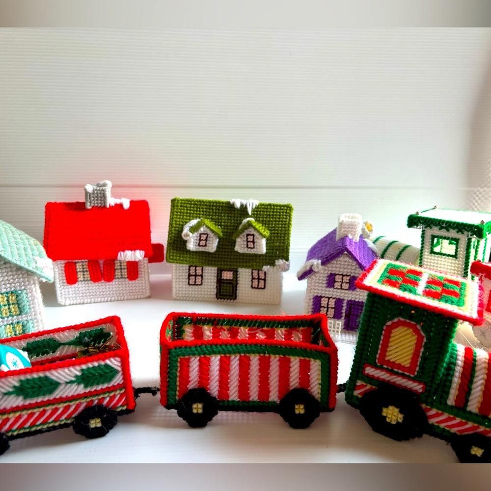 Vintage Plastic Canvas Needlepoint 2 Trains and 4 Houses