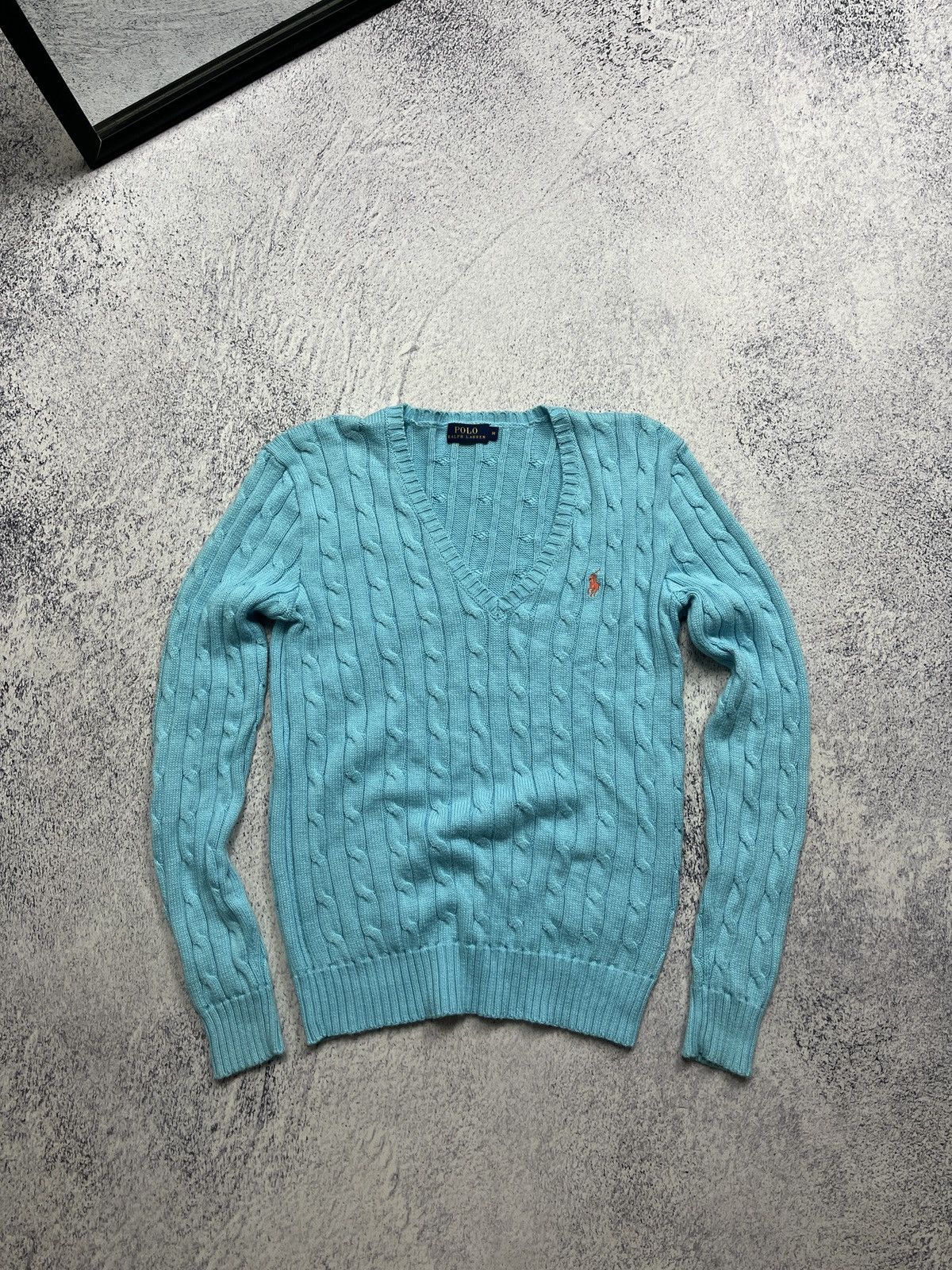 Polo Ralph Lauren × Ralph Lauren Polo Ralph Lauren V-neck Women’s Blue Cable Knit Sweater Size M / US 6-8 / IT 42-44 - 1 Thumbnail
