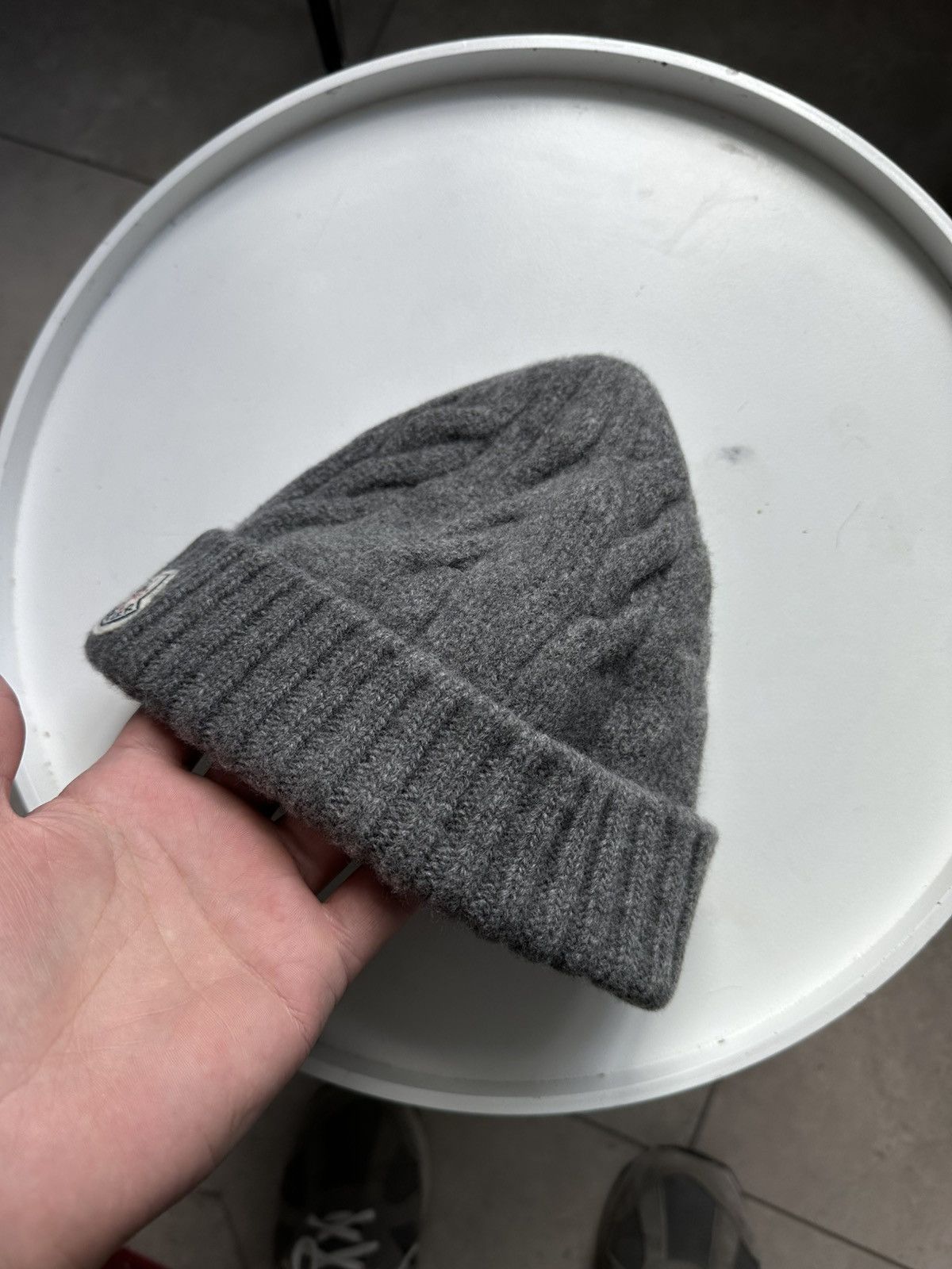 Moncler Moncler Grey Cable Knit Beanie Wool Hat Logo Patch Size ONE SIZE - 7 Thumbnail