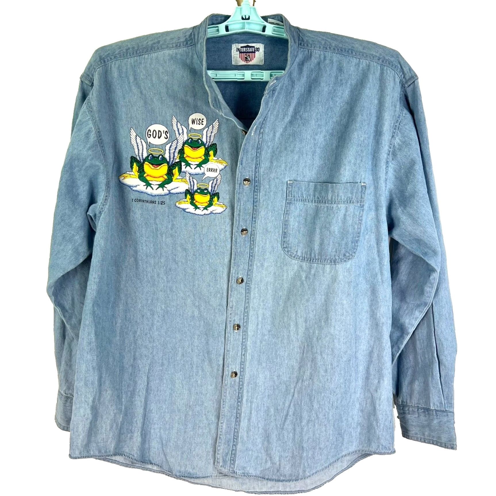 Denime Interstate 80 Denim Button-Up Shirt Men's Medium Blue Graphic Jesus Print Casual Regular Fit Size US M / EU 48-50 / 2 - 2 Thumbnail