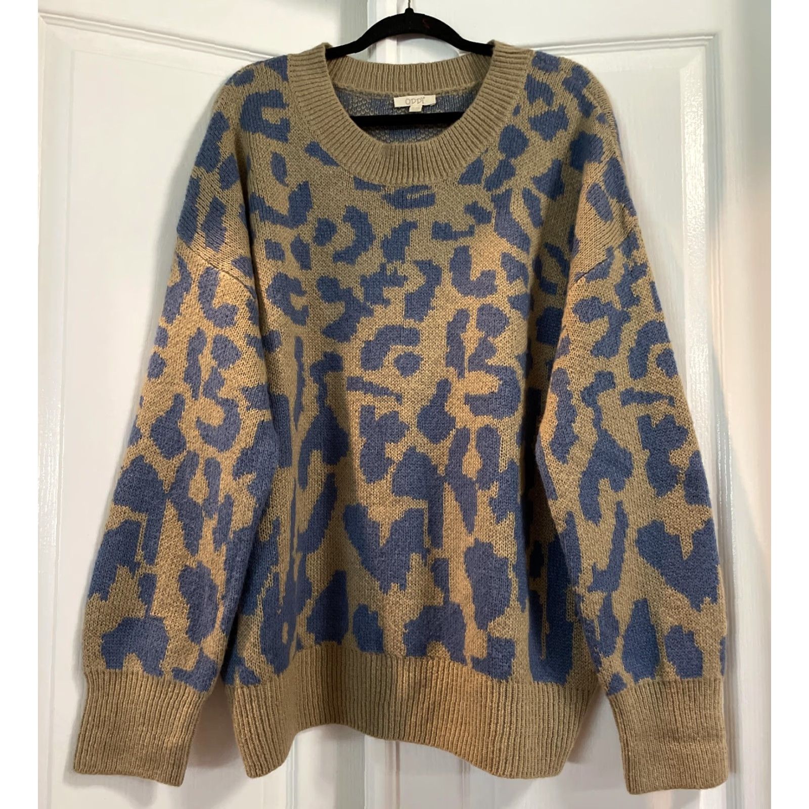 Vintage ODDI Sweater Womens 1XL/2XL Tan Blue Leopard Print Plus Size Pullover Crewneck Knit Long Sleeve Size XL / US 12-14 / IT 48-50 - 2 Thumbnail