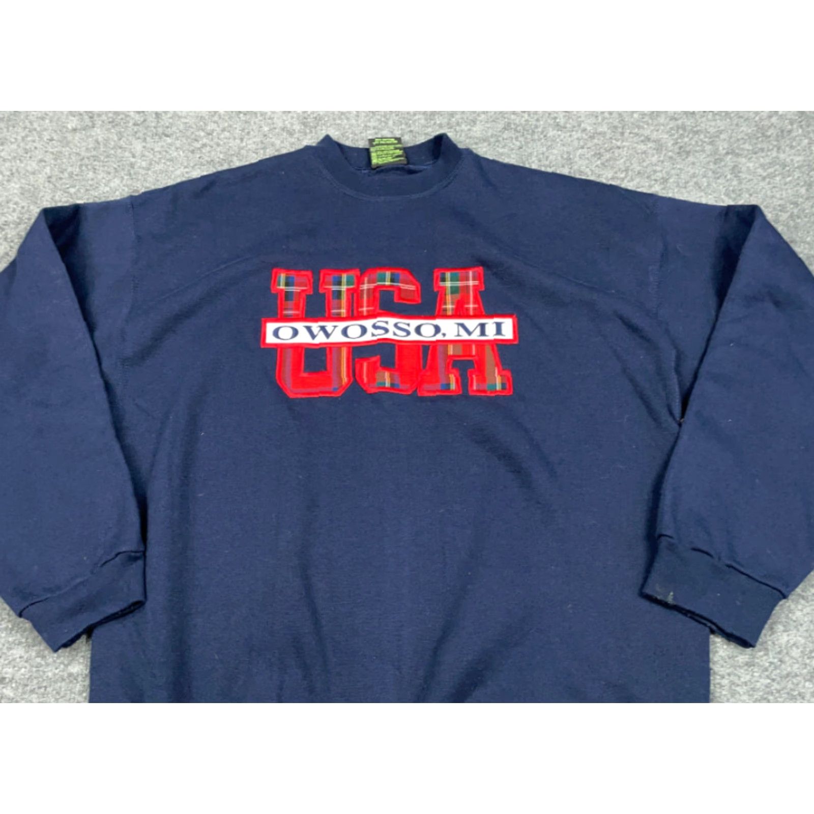 Vintage VTG 90s Owosso Michigan Embroidered Sweatshirt Dark Blue XL Mens 50-50 USA Made TSI Size US XL / EU 56 / 4 - 3 Thumbnail