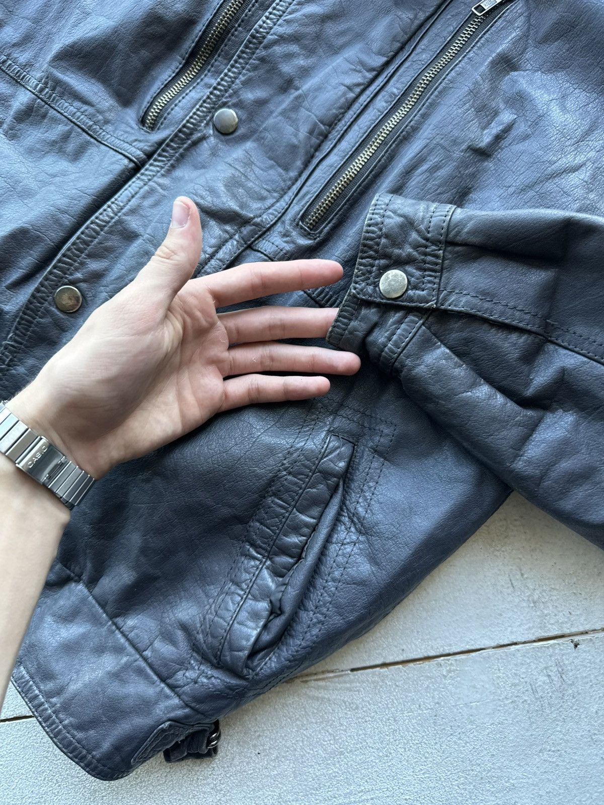 Other 🚨VNTG LEATHER JACKET AVANT GARDE ASYMMETRICAL DARK BLUE/GRAY Size US M / EU 48-50 / 2 - 3 Thumbnail